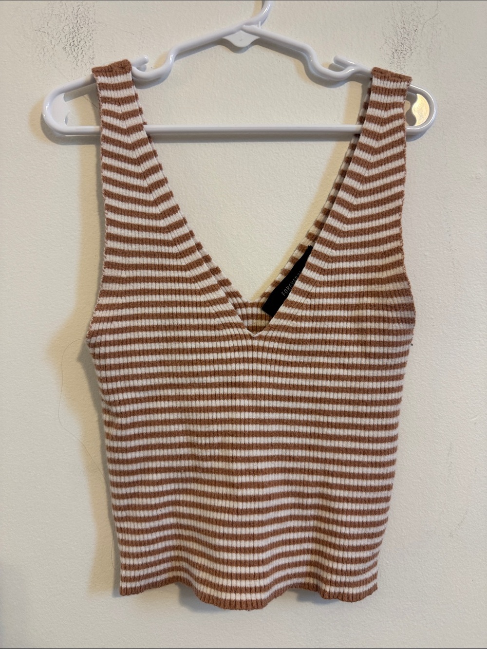 Forever 21 Brown and White Striped Ribbed V-Neck Crop Tank